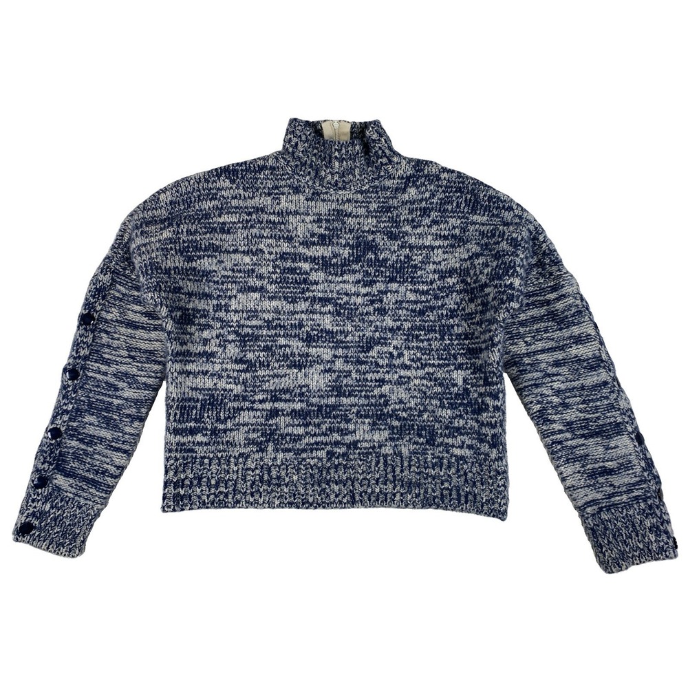 Akris Punto Wool Blend 1/4 Zip Sweater Women's 6 Blue White Button Sleeves